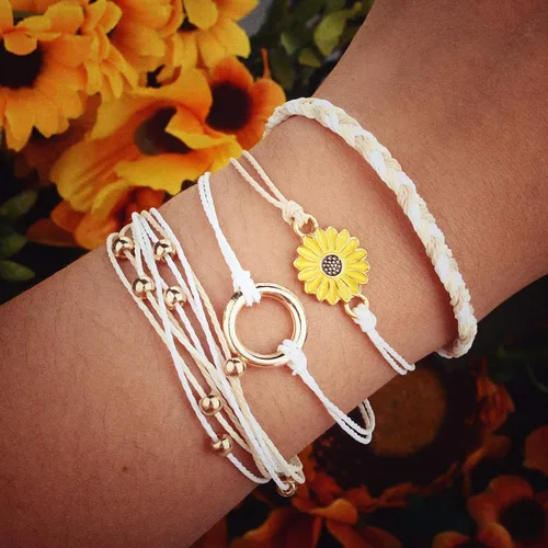 Vista 2 de Pulsera de cuerda trenzada hecha a mano con diseño de girasol para adolescentes y mujeres