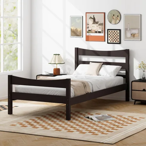 Vista 3 de Giantex - Marcos de cama individual de madera con cabecero, cama moderna con plataforma y soporte de listones de madera, espacio de almacenamiento