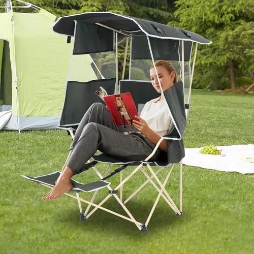Vista 6 de Silla de camping con toldo, sillas deportivas para adultos, silla de toldo con reposapiés extraíble, silla de pesca en hielo con portavasos