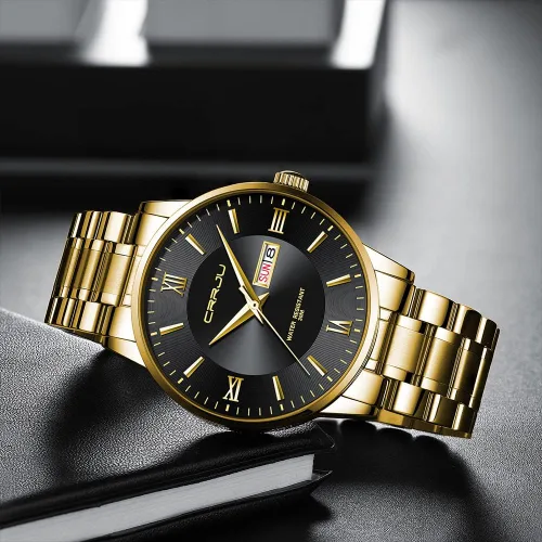 Vista 4 de CRRJU Relojes de pulsera analógicos de cuarzo analógico de acero inoxidable para hombres de negocios con fecha automática