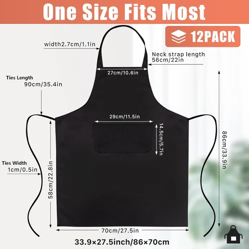 Vista 2 de Paquete de 12 delantales con peto, delantales negros a granel, delantales unisex lisos con 2 bolsillos, delantal negro lavable a máquina