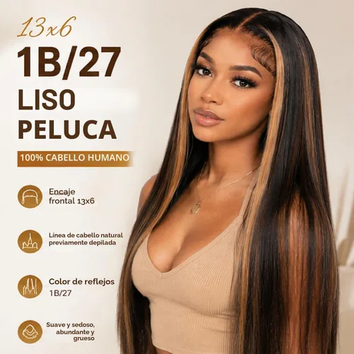 Vista 3 de Cypha Peluca de cabello humano lacio con encaje frontal 1B/27, 13 x 6 HD, cabello humano prearrancado, densidad del 180%, con reflejos de encaje