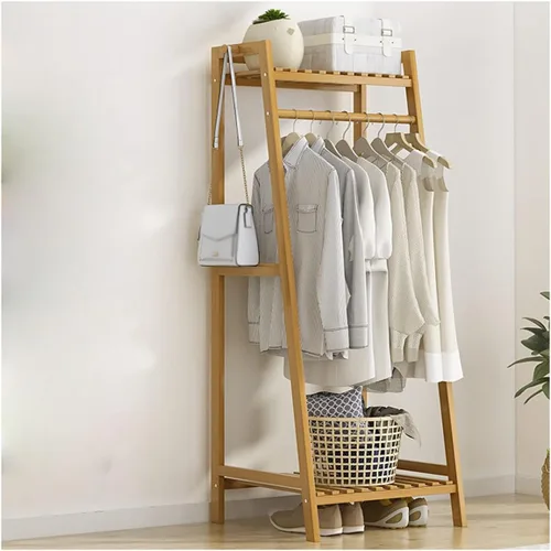 Vista 6 de Perchero independiente de madera maciza con 2 estantes, organizador de armario para dormitorio, ahorro de espacio (marrón, 19.7 in)
