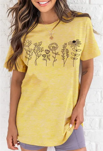 Vista 2 de GLIGLITTR Camiseta floral para mujer, diseño de flores silvestres, camiseta casual suelta con cuello redondo y manga corta