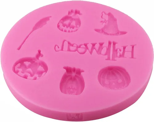 Vista 4 de Moldes de silicona reutilizables de grado alimenticio para Halloween, forma de escoba de calabaza con forma de casquillo de bruja, antiadherente