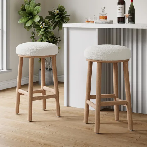 Vista 11 de Christopher Knight Home Aubrie - Juego de 2 taburetes de bar redondos de tela Boucle para isla de cocina, silla de comedor de madera sin espalda