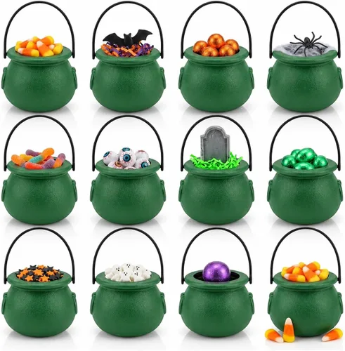 Vista 10 de PMU Caldero de Halloween 6 piezas de 3 pulgadas pequeño de bruja de plástico para caldero negro, para decoración de Halloween