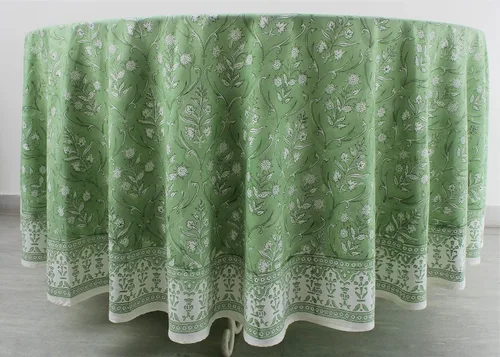Vista 6 de Ridhi Mantel redondo con estampado de bloque a mano, 100% algodón, reutilizable, color verde pera de 132 pulgadas, mantel decorativo para uso diario