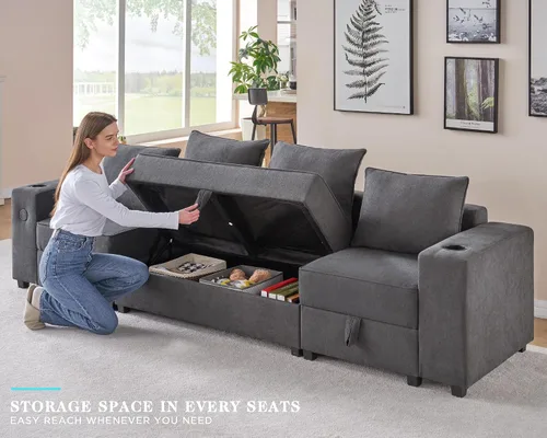 Vista 3 de Sofá modular seccional, silla de asiento medio, sofá con almacenamiento de lino gris sofá sofá Flexible Modular Design, Chair Middle Seat with