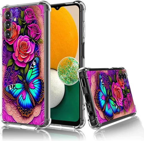 Vista 2 de Samsung Galaxy A14 5G - Funda para teléfono celular, diseño de flores de mariposa azul, a prueba de golpes, TPU con bordes elevados, compatible
