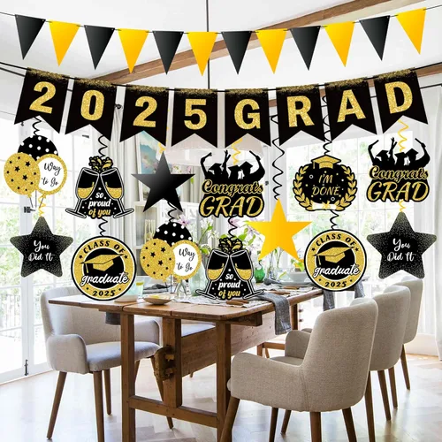 Vista 2 de 34 piezas de decoraciones de graduación 2025 premontadas espirales colgantes 2025, pancarta de graduación para fiesta de graduación de clase de 2025