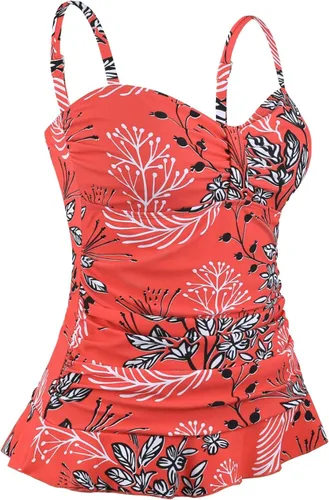 Vista 2 de Hilor - Parte superior del traje de baño tipo tankini retro de los años 50, diseño fruncido y con dobladillo con volantes para mujer