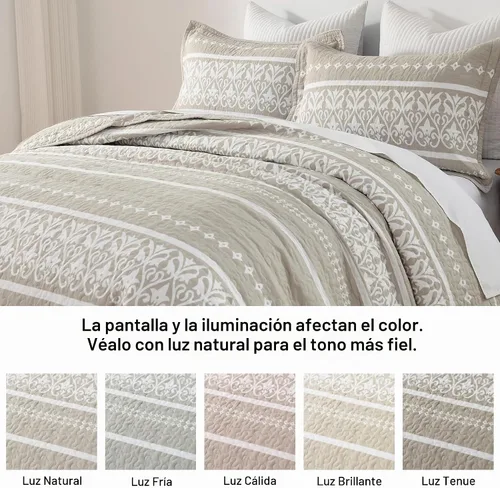 Vista 7 de Juego de edredón 100% algodón a rayas, bohemio, tamaño Queen, color beige y blanco, 3 piezas Lightweight & Soft Bedspread, Boho Style Bedding Set