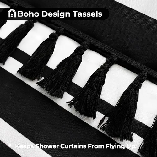 Vista 5 de Seasonwood Cortina de ducha en blanco y negro, cortina de ducha a rayas para baño, cortinas de ducha bohemias con borlas, cortinas de baño modernas