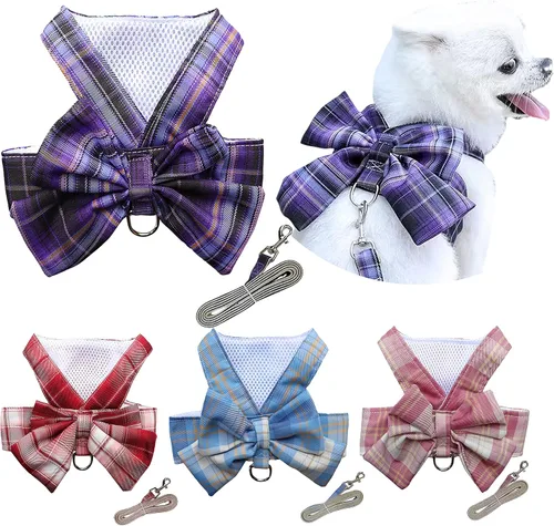 Vista 5 de Conjunto de Vestido a Cuadros para Perro con Corbata de Moño, Arnés y Correa, Ropa para Perro Vestido con Arnés con Anilla para Correa para Perras