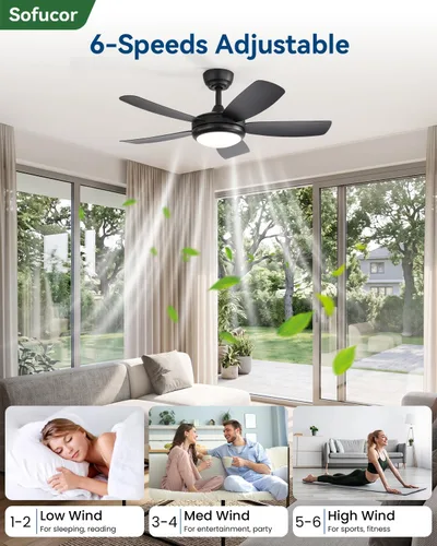 Vista 5 de Sofucor Ventiladores de techo de 42 pulgadas con luces, moderno ventilador de techo negro para dormitorio pequeño con control remoto, cuchillas