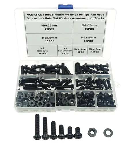 Vista 9 de Juego surtido de 540 tornillos métricos M2 M2.5 M3 M4 M5 de nylon Phillips de cabeza plana, tuercas hexagonales, arandelas planas (negro)