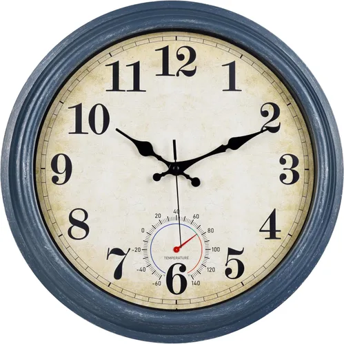 Vista 14 de Relojes para exteriores impermeables con termómetro, reloj de pared costero rústico para patio, piscina, jardín (12 pulgadas, azul)