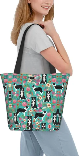 Vista 9 de Azul Rosa Y Púrpura Colores Pastel Impresión Hombro Tote Bolso De Gran Tamaño Bolso De Las Mujeres Bolso De Compras Para Las Mujeres, Border Collie