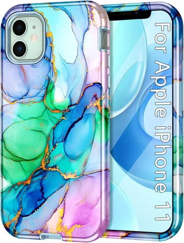Vista 12 de CASEFIV Funda compatible con iPhone 11, patrón de mármol 3 en 1, resistente a prueba de golpes y caídas, cuerpo completo, policarbonato duro