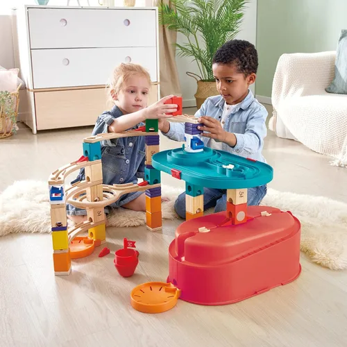 Vista 6 de Hape Juego de 90 piezas de cuadrilla apilable, caja de cubo de mármol para niños de 4 años en adelante con 25 canicas para aprendizaje de vapor
