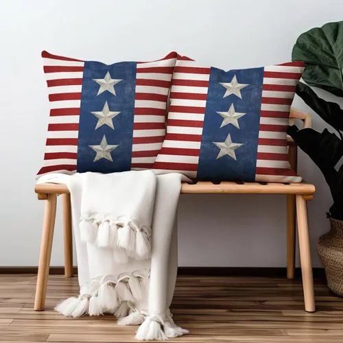 Vista 3 de Juego de 2 fundas de almohada de 16 x 16 pulgadas, diseño patriótico de bandera estadounidense con estrellas para exteriores, estilo casa de campo