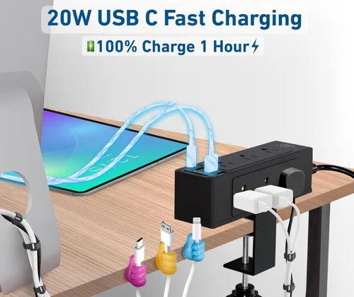 Vista 7 de Regleta de alimentación con abrazadera de escritorio con carga rápida USB-C, protector de sobretensiones de 9 tomas, regleta de alimentación que