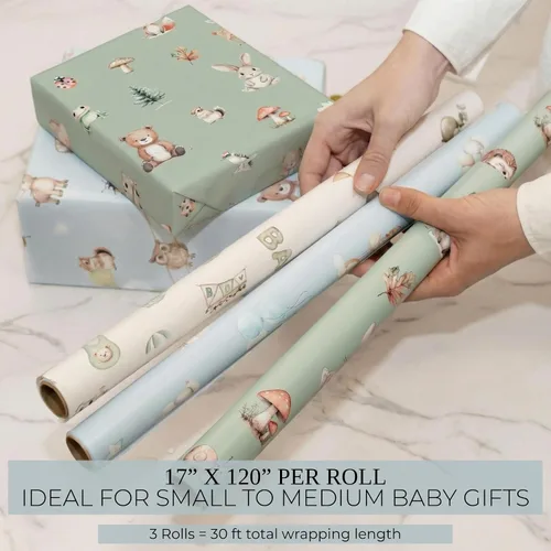 Vista 7 de ZICOTO Hermoso rollo de papel de regalo para baby shower, bonito juego de 3 rollos de calidad para cumpleaños de niños y baby showers, añade un