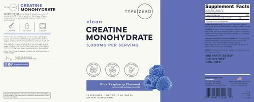Vista 5 de Monohidrato de creatina tipo cero polvo (17.64 oz) Frambuesa azul, sin gluten Monohidrato de creatina micronizada, libre de OMG, apto para dieta