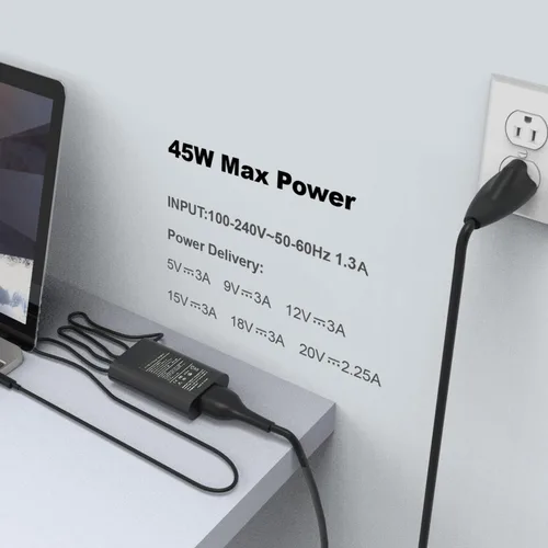 Vista 5 de Cargador de portátil USB C de 45 W para Dell XPS 13 9360 9365 9370 9380 9333 9310 9350 XPS 12 9250 Latitude 7275 7370 5175 5285 7390 5290 2 en 1