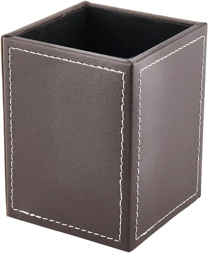Vista 8 de Lápices de cuero sintético negro, contenedor cuadrado de cuero para bolígrafos, organizador de almacenamiento de papelería de escritorio