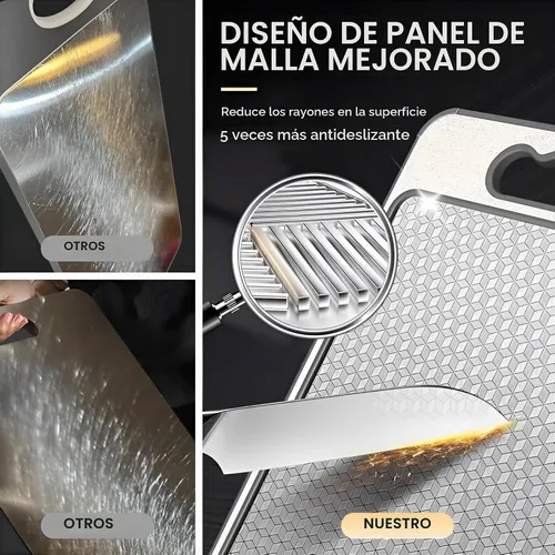 Vista 7 de Tabla de cortar de acero inoxidable de doble cara, tabla de cortar de grado alimenticio 304 con malla resistente a los arañazos, ranura para jugos