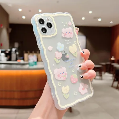 Vista 4 de Funda compatible con iPhone 11 Pro Max, bonito diseño de caricaturas florales de oso de fresa para mujeres y niñas, funda estética kawaii delgada