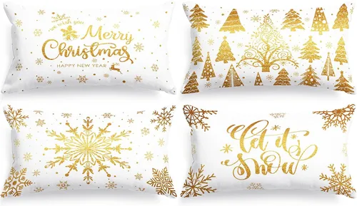 Vista 25 de Lanpn Fundas de Cojín Lumbar Navideñas de 12x20, 4 piezas, Blanco y Negro Feliz Navidad Xmas Invierno Copo de Nieve Fundas de Almohada de Cojín