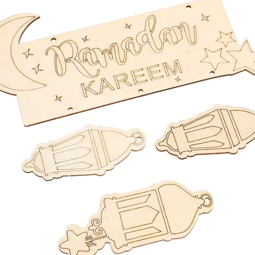 Vista 6 de Boao Placa colgante de madera de Ramadán, 2 piezas, farol, ornamento de pared, decoración del hogar para Eid Ramadán, 2 piezas