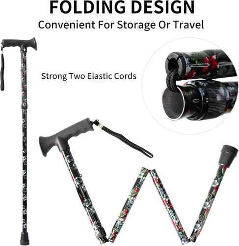 Vista 3 de Bastón para caminar para hombres y mujeres, plegable, floral, ligero, ajustable, portátil, para bastones plegables, cómodo mango en T para adultos