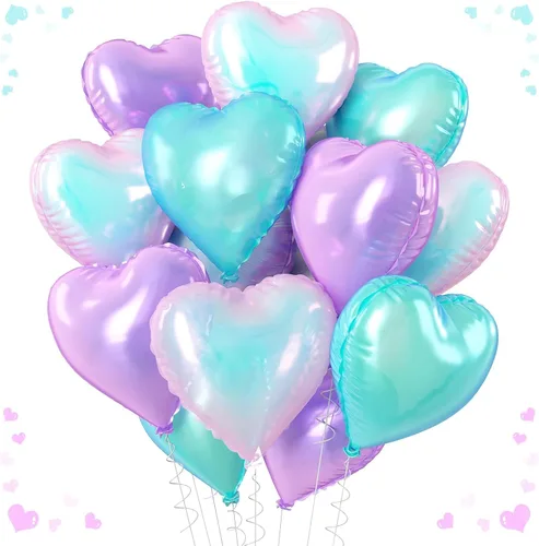 Vista 24 de Globos de corazón azul, dorado y blanco, 18 pulgadas, globos de papel de aluminio azul bebé y crema, 12 piezas, globos de helio en forma de corazón