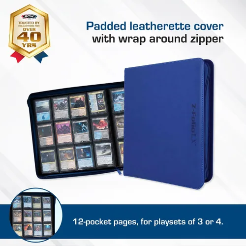 Vista 3 de BCW Z-Folio LX - Cartera con cremallera – Álbum de 12 bolsillos de cuero sintético azul premium – Cremallera segura – Capacidad de 480 tarjetas