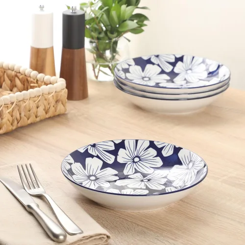 Vista 4 de Gibson Home Heritage Sky - Juego de 4 cuencos para pasta, cuencos redondos de cerámica de 8 pulgadas, diseño floral azul y blanco, uso diario