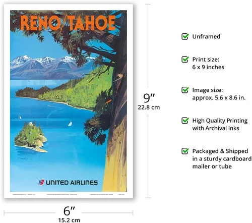 Vista 2 de Reno Nevada - Lake Tahoe California - United Airlines - Vintage Airline Travel Poster by Tom Hoyne c.1970s - Master Art Print (Unframed) 6in x 9in