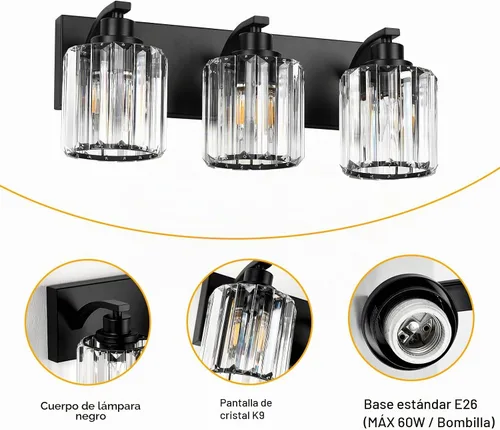 Vista 5 de 3 luces de cristal para tocador de baño, moderna lámpara de baño negra sobre espejo, luces de tocador para dormitorio, baño, pasillo, base E26 Negro