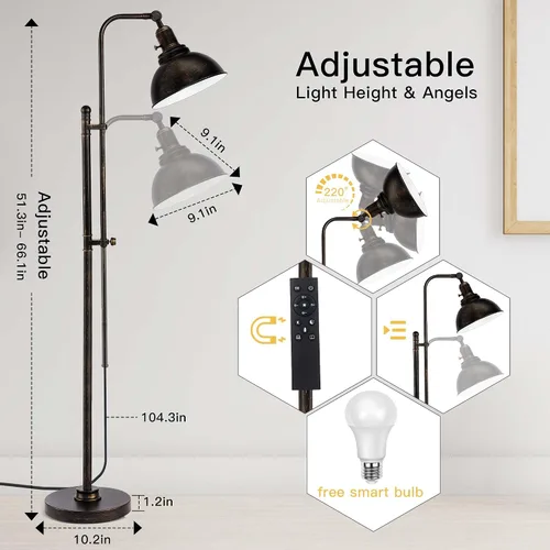 Vista 3 de PARTPHONER Lámpara de pie industrial ajustable, lámpara de lectura rústica de granja en acabado negro envejecido, lámpara de pie moderna