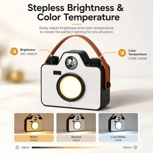 Vista 5 de Luces LED de camping portátil, luces a pilas, brillo y color ajustables, linterna recargable con magnética, IPX5 impermeable, luces de tienda