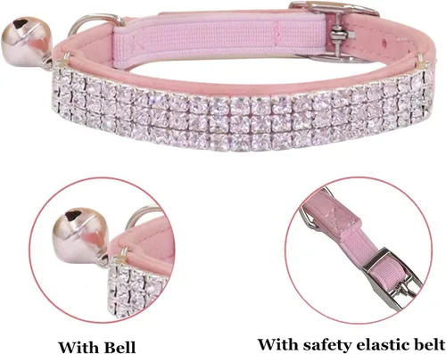 Vista 4 de THAIN Collar de diamantes de imitación para gatos y perros, de terciopelo suave, seguro, ajustable, con campanas, de 8 a 11 pulgadas para perros