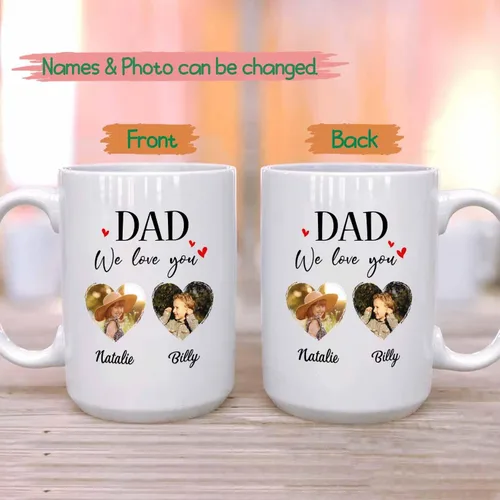 Vista 2 de Marco de fotos personalizado para niños, taza de café de regalo para papá y papá, taza de café blanca con texto en inglés "Dad We Love You", taza