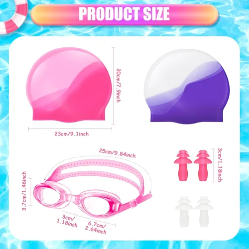 Vista 4 de 8 Pack Kids Swim Caps for Girls, Silicone Swimming Cap for Age 6-14 with Goggles Ear Plug Nose Clip for Children Boys Girls