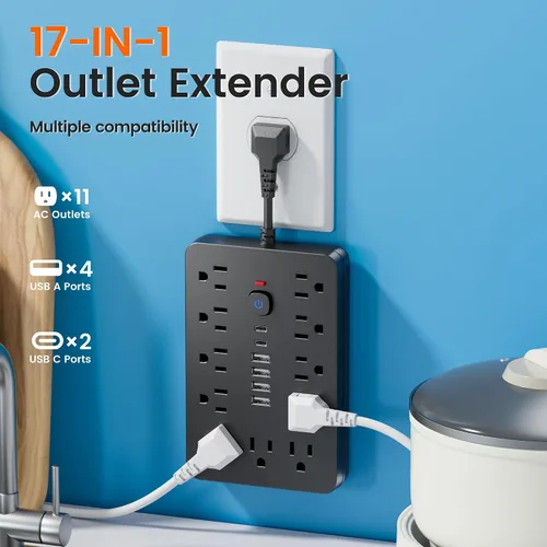 Vista 2 de Protector de sobretensiones - Enchufe de pared con múltiples tomas de corriente alterna, 6 puertos USB (2 USB C), cable de extensión corto negro