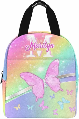 Vista 26 de InterestPrint Bolsa de almuerzo con nombre personalizado para hombres y mujeres, diseño de mariposa rosa y azul personalizada, caja de almuerzo