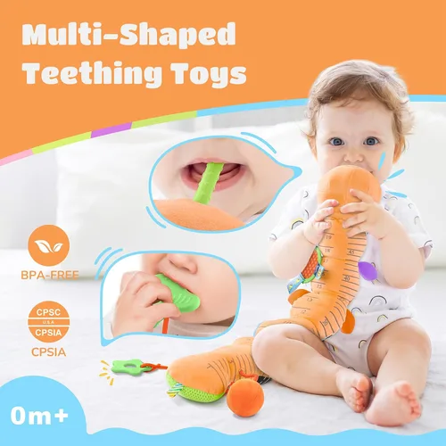 Vista 4 de Awotoy Baby Toys - Juguete musical de oruga interactivo multicolor para bebés, sonajero arrugado, suave con campana de anillo, juguete de peluche