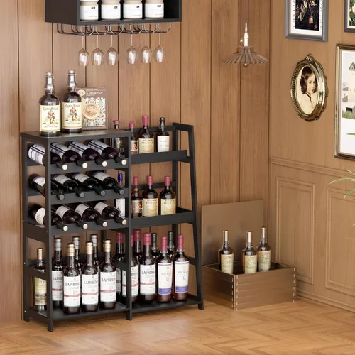 Vista 7 de VASMIA Soporte versátil para licor para bar en el hogar, estante para vino, mesa de bar con botella de licor trapezoidal de bambú, gabinete